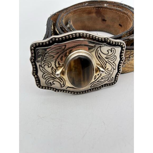 VTG Snakeskin Belt Mens Brown Hand Tooled Tiger Eye Western Buckle Fits 32” main image 11